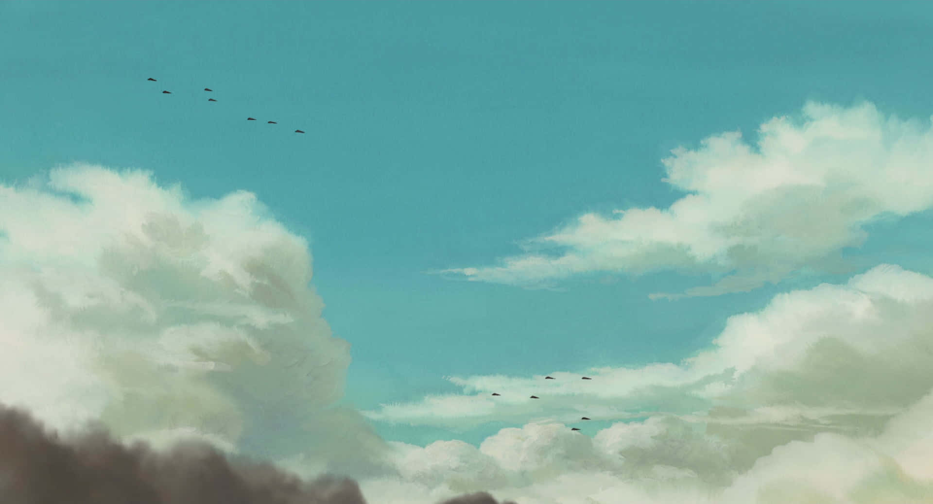 桌布 壁紙 — 廣闊的藍綠色天空佈滿蓬鬆的白雲，兩隊V字形鳥群在頭頂飛翔。