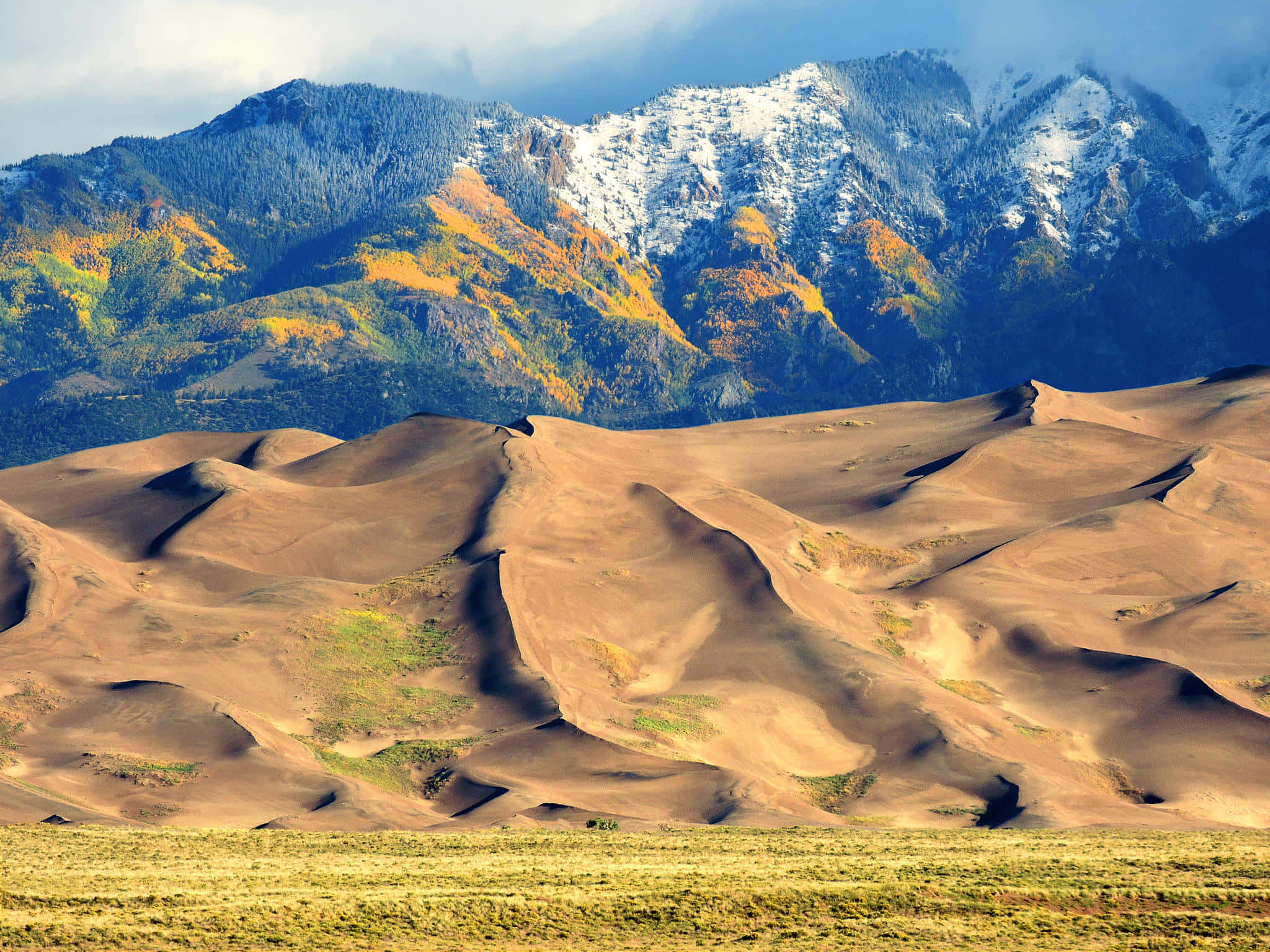 Dune 桌布 壁紙 — 廣闊的金色沙丘在戲劇性的多雲天空下延伸至積雪覆蓋的山脈。