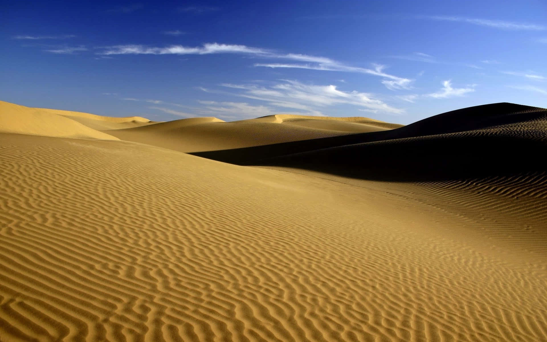 Sand Dunes 桌布 壁紙 — 廣闊的金色沙丘在晴朗的藍天下起伏，薄雲投下長長的影子。