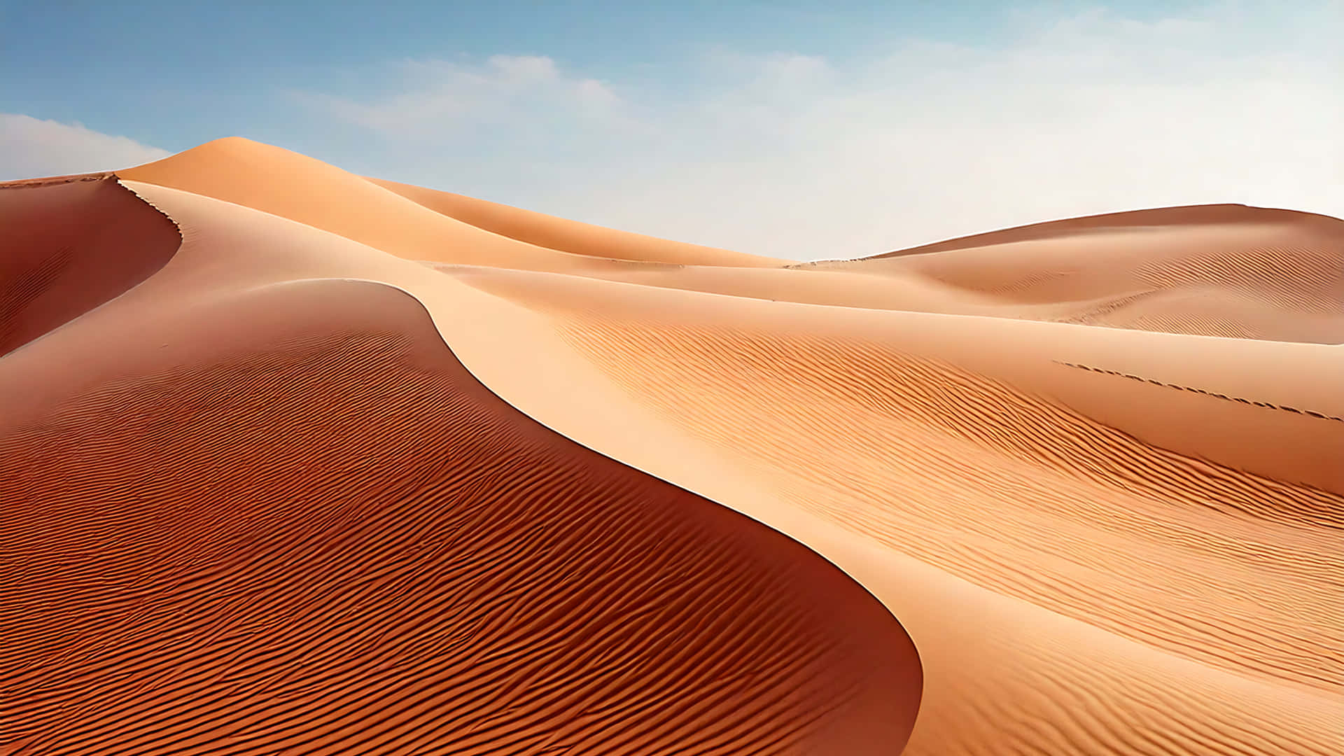 Desert Scenery 壁紙 — 廣闊的金色沙丘在清澈的藍天下泛起漣漪，伴隨著輕柔的雲絲。