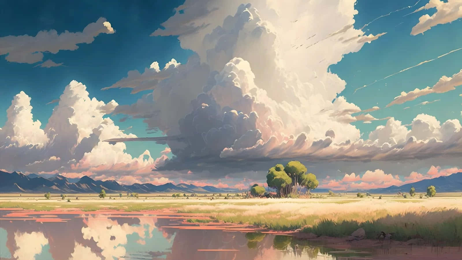 Beautiful Artistic 桌布 壁紙 — 廣闊的開闊田野中，一叢孤獨的綠樹映照在平靜的水窪中，天空戲劇性地佈滿高聳的雲層。