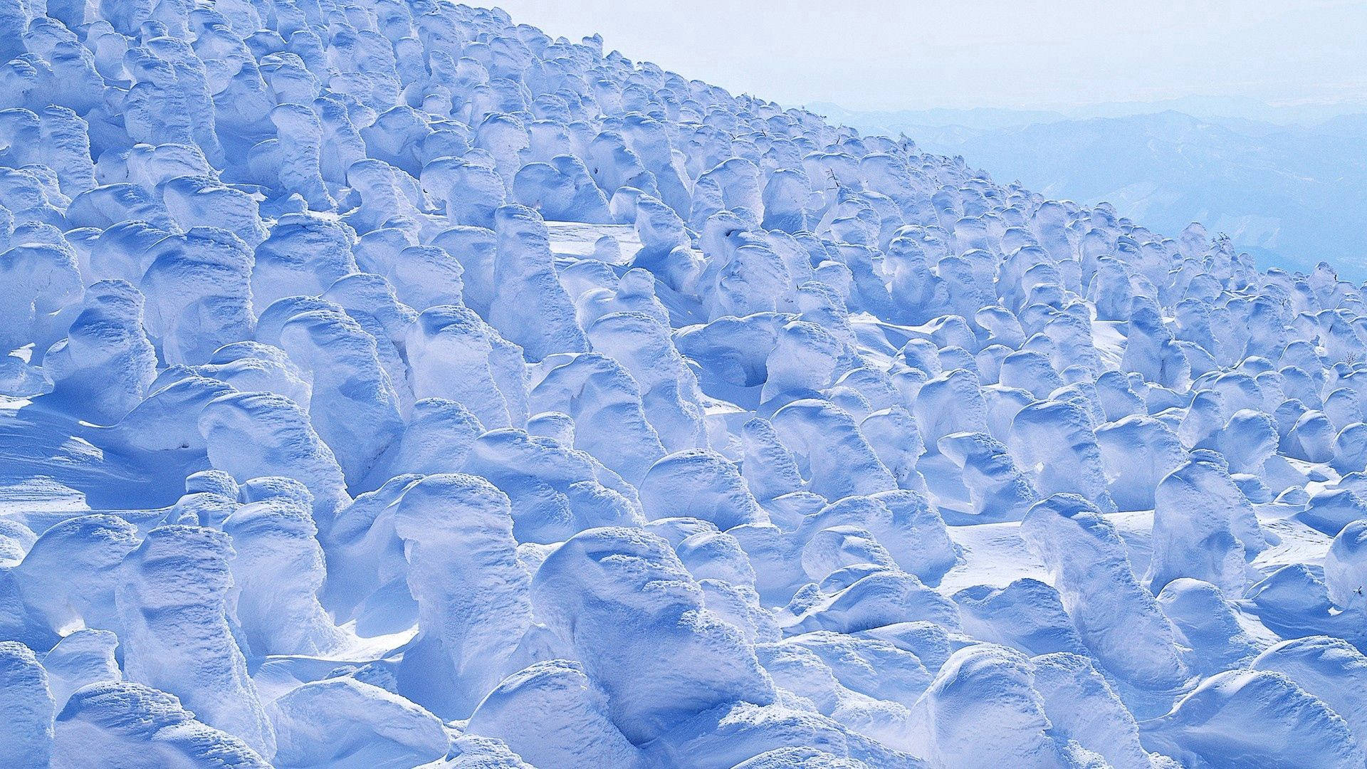 白雪公主 桌布 壁紙 — 廣闊的雪坡上覆蓋著無數被風吹成的雪堆，在淡藍色的天空下。