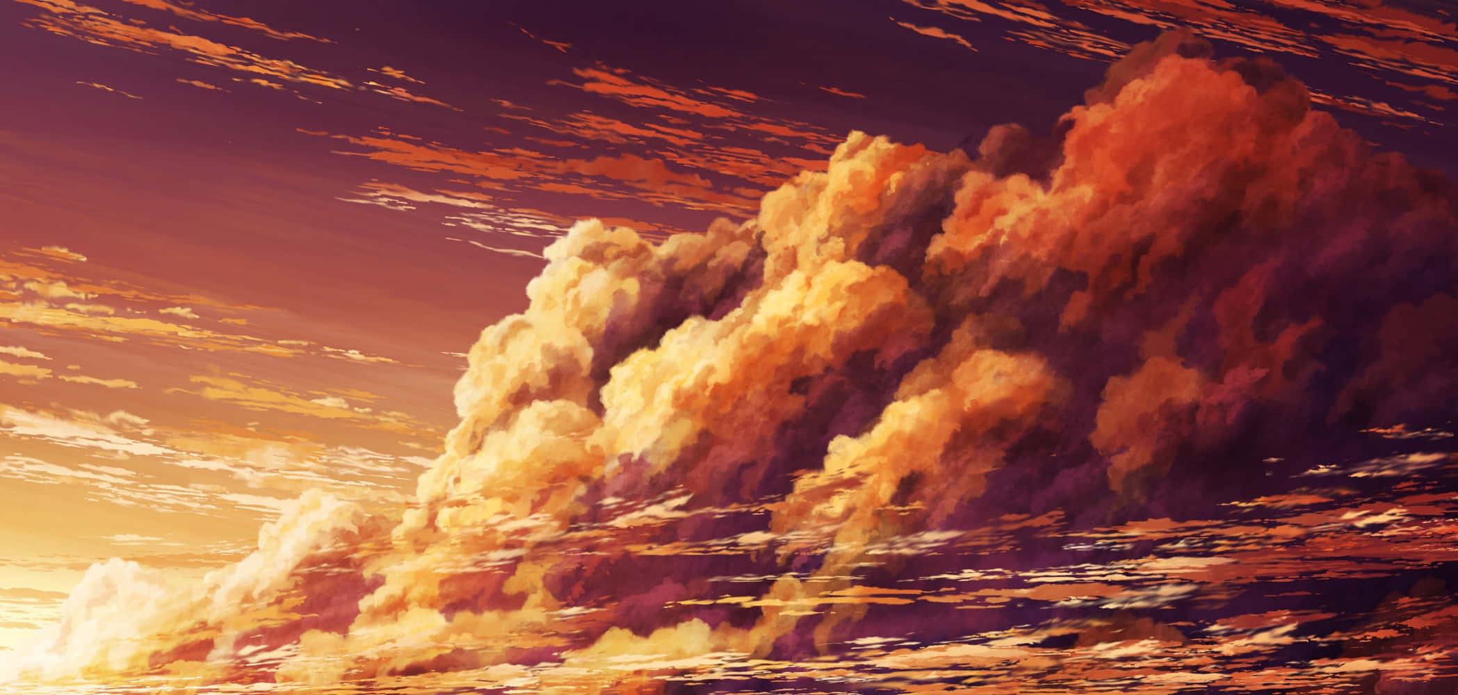 Anime Sunset 桌布 壁紙 — 廣闊的雲彩被染成火橙色和深紫色，在戲劇性的日落天空中發光。