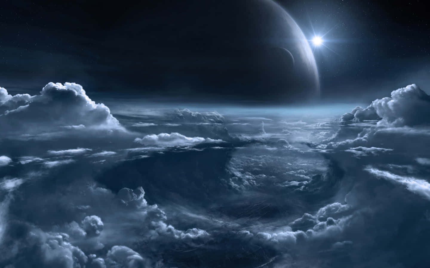 科幻 桌布 壁紙 — 廣闊的雲海在發光的星星和一顆巨大行星下翻騰，構成宇宙夜空。