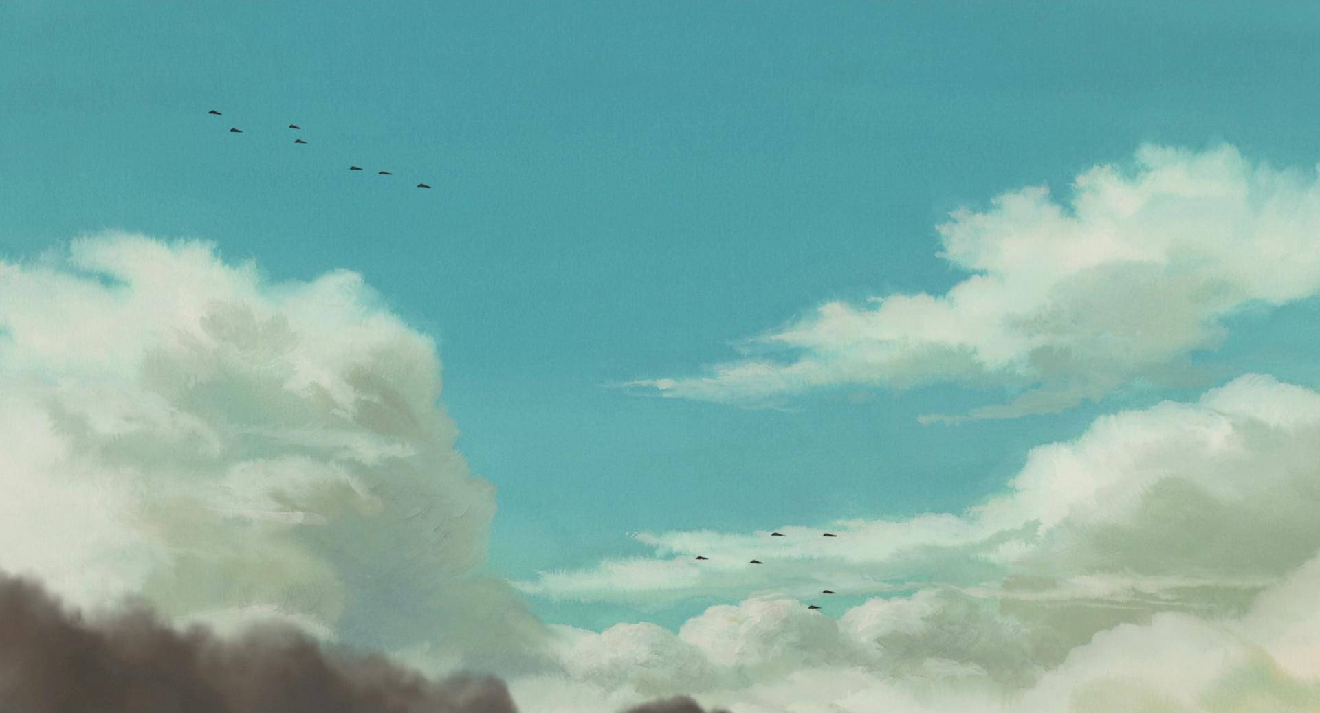 Studio 桌布 壁紙 — 廣闊的青綠色天空，充滿柔軟的白雲，兩隊V字形鳥群在頭頂飛翔。