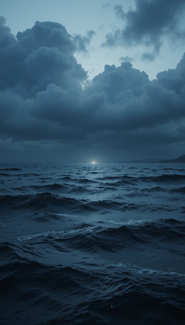 Ocean Aesthetic Phone 桌布 壁紙 — 廣闊的黑暗海洋在暴風雲下，地平線上有遙遠發光的太陽。