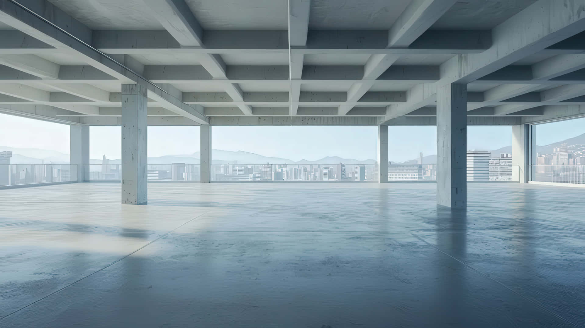 Spacious Empty Industrial Loft with City Skyline View 壁紙 — 廣闊空蕩的混凝土屋頂，裸露橫樑，俯瞰煙霞日光下延展的城市景觀。