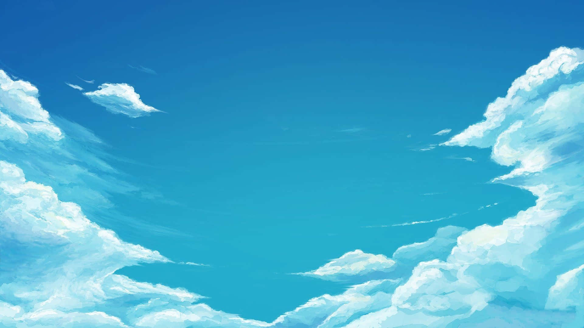 Anime Sky 桌布 壁紙 — 廣闊蔚藍天空，被柔和的白雲環繞，呈現寧靜的動漫風格插圖。