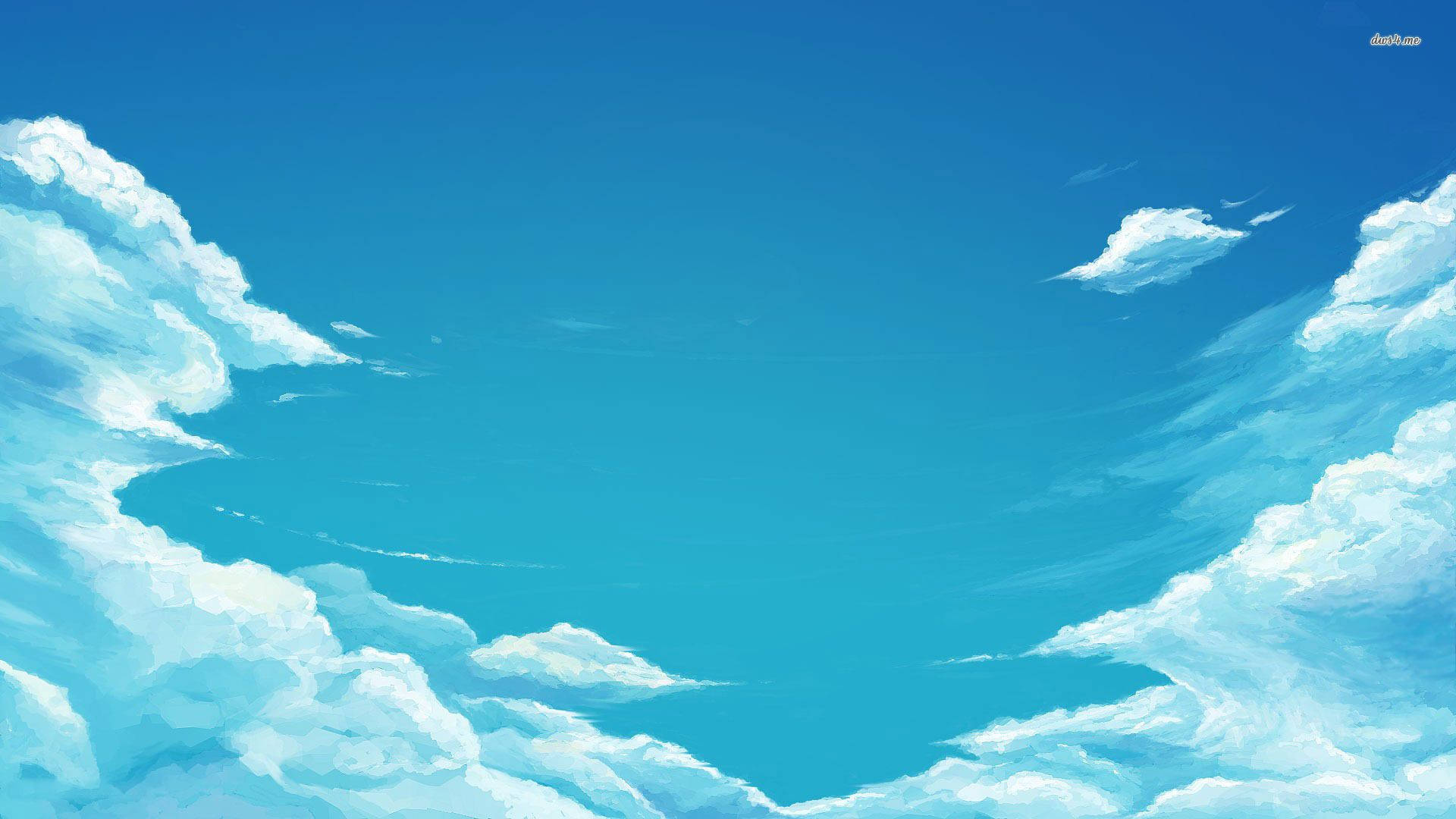 雲朵 桌布 壁紙 — 廣闊蔚藍的天空，被蓬鬆的白雲框住，呈現寧靜的動漫風格插圖。