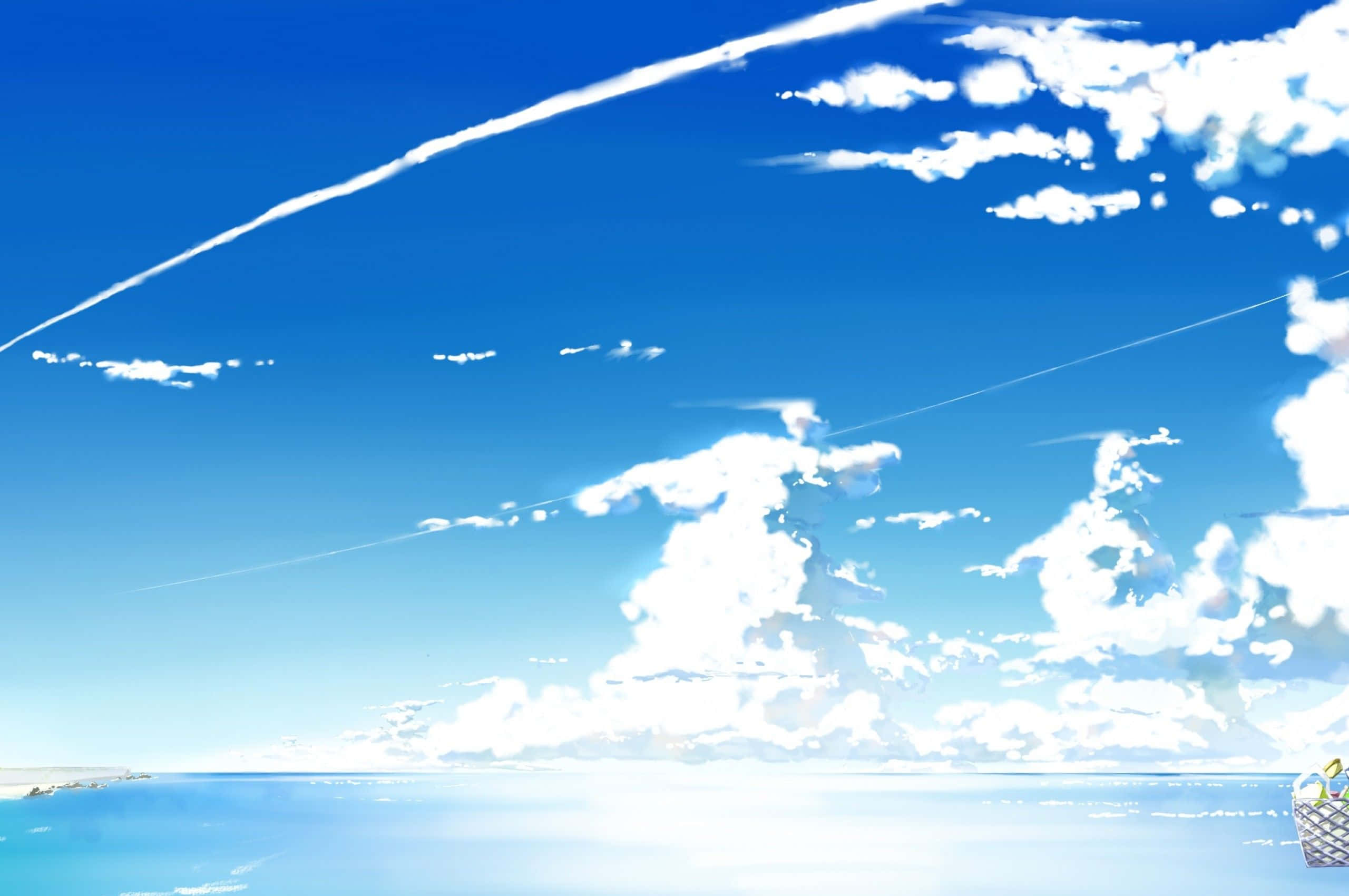Anime Beach 桌布 壁紙 — 廣闊藍天，有蓬鬆白雲和飛機尾跡，下方是平靜的海平線。