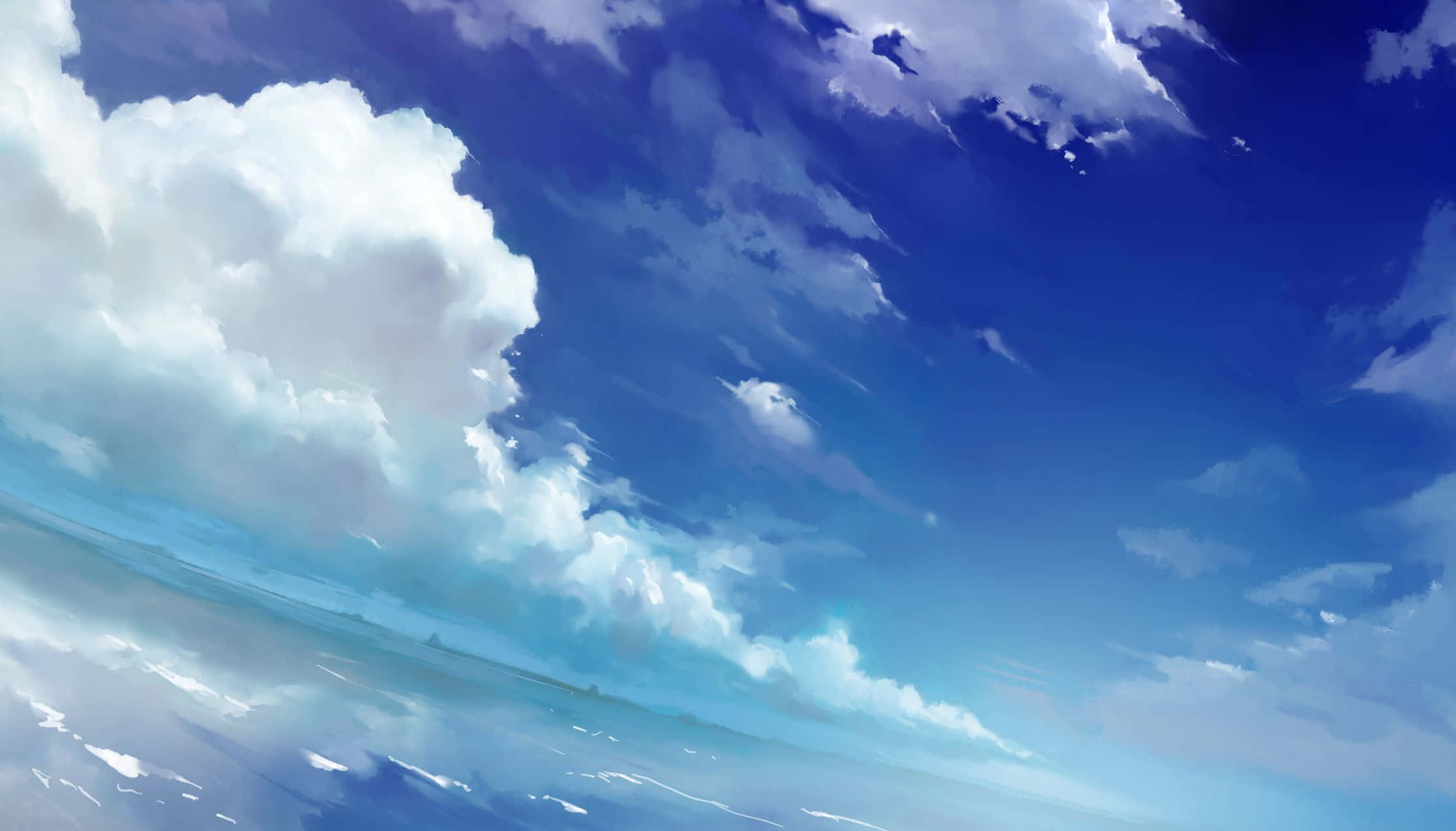 Anime Sky 桌布 壁紙 — 廣闊藍天，蓬鬆白雲，在明亮日光下倒映在平靜的海面上。