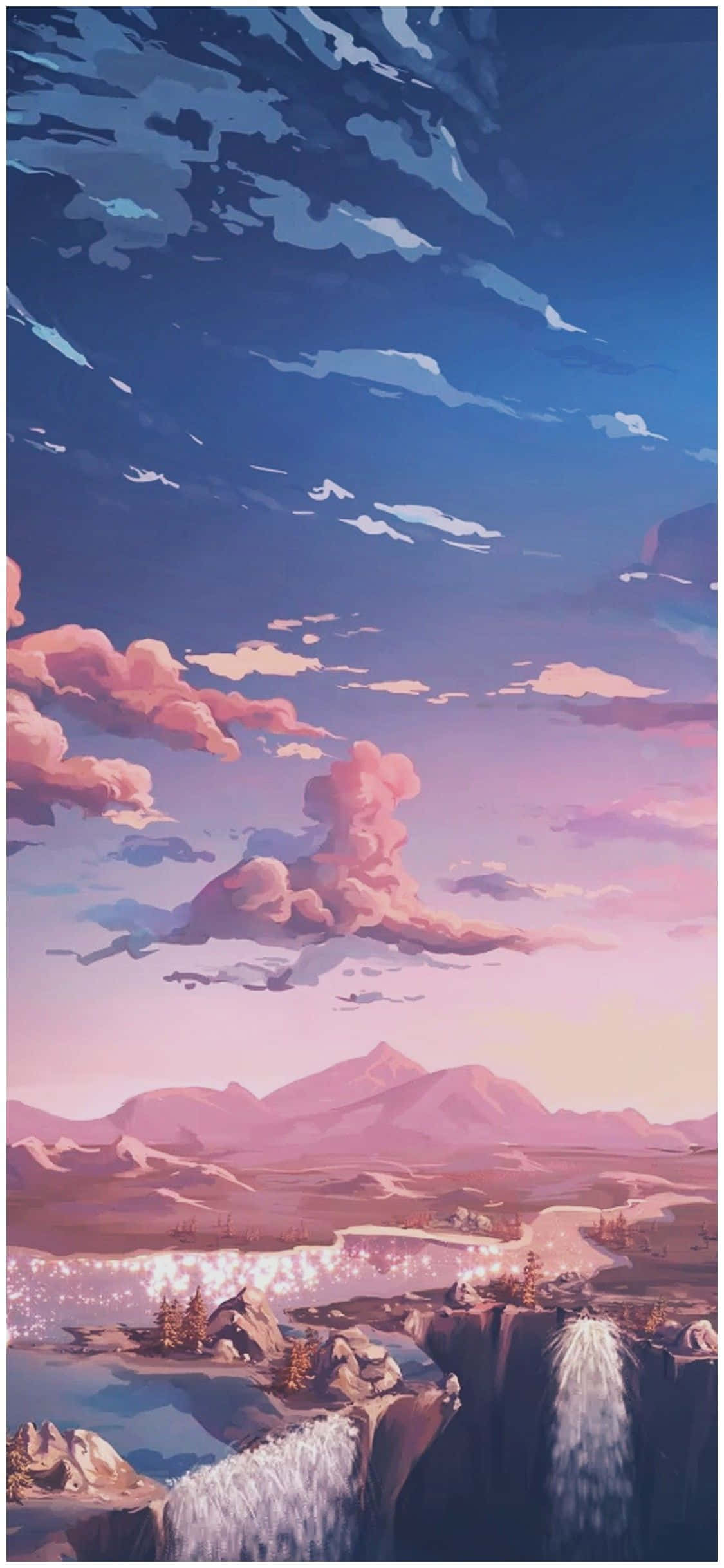 90s Anime Aesthetic 桌布 壁紙 — 廣闊藍天下，日落時分寧靜的山谷，粉紅雲彩和層疊瀑布。