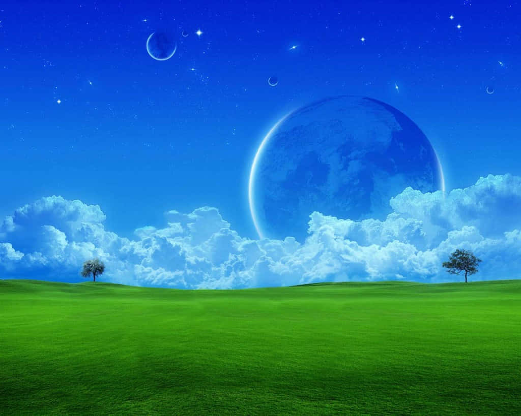 動畫 桌布 壁紙 — 廣闊藍天下，柔軟雲層上方懸著巨大月亮和星星的寧靜綠色田野。