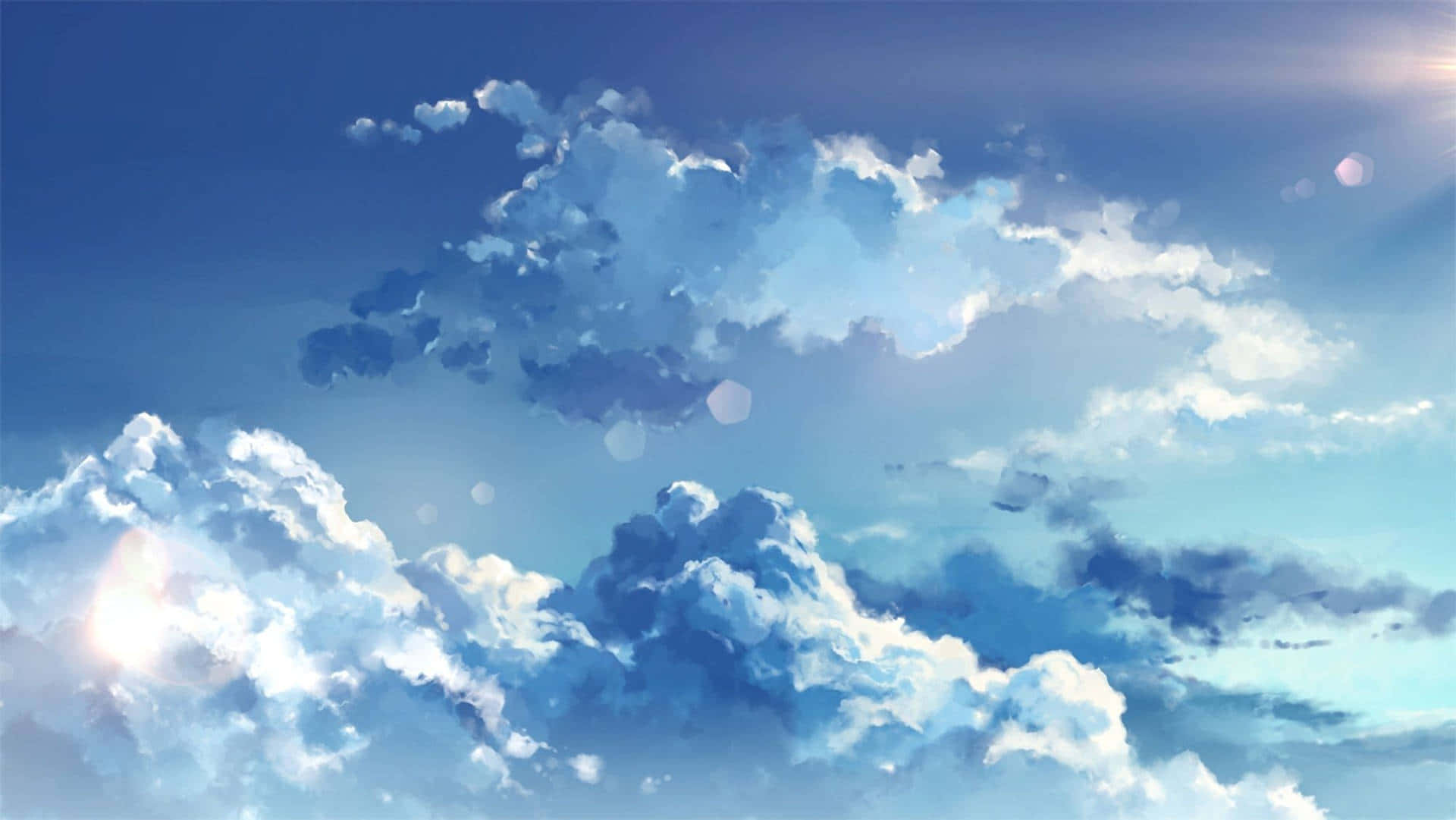 雲朵 桌布 壁紙 — 廣闊藍天充滿蓬鬆白雲和柔和陽光，營造出寧靜夢幻的氛圍。