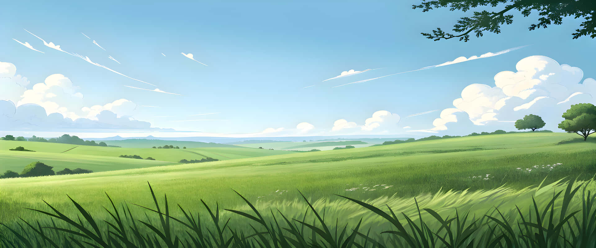 Landscapes natural painting art desktop wallpaper 壁紙 — 廣闊起伏的綠色山丘在明亮的藍天下延伸，點綴著蓬鬆的白雲，並被頭頂的樹枝框住。
