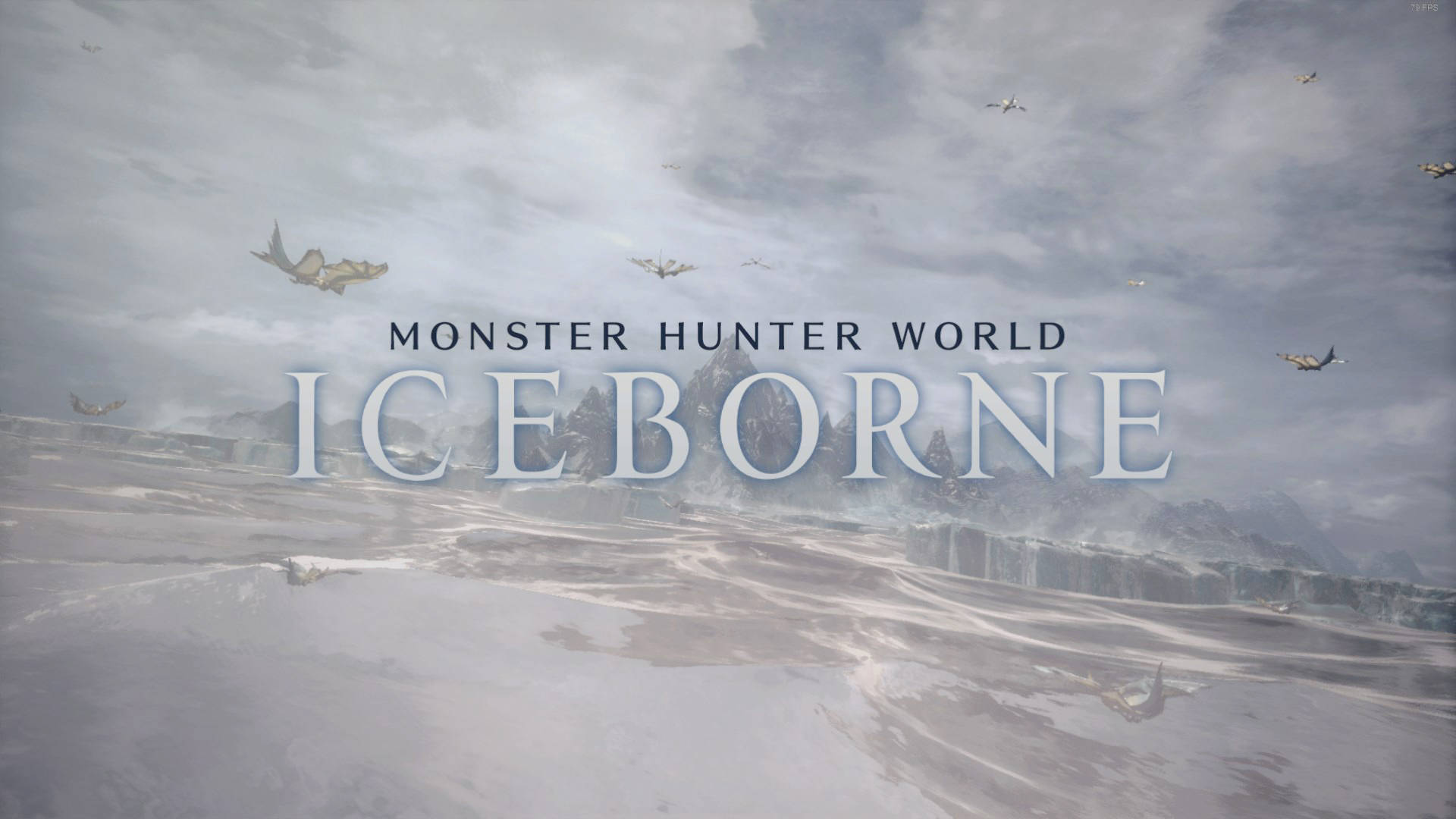 遊戲 桌布 壁紙 — 廣闊雪景，冰崖和飛翔生物，陰天天空下，標題為Monster Hunter World Iceborne。