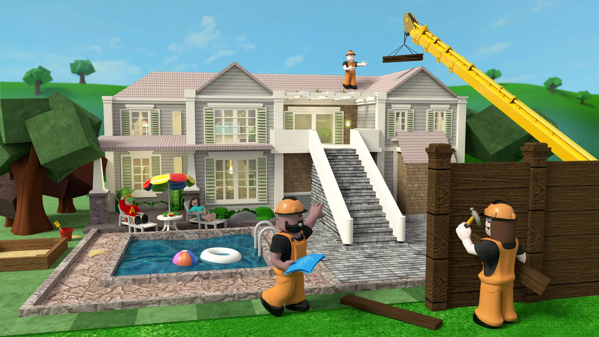 Roblox 桌布 壁紙 — 建築工人以塊狀3D渲染風格，在明亮的藍天下建造帶游泳池的大房子。