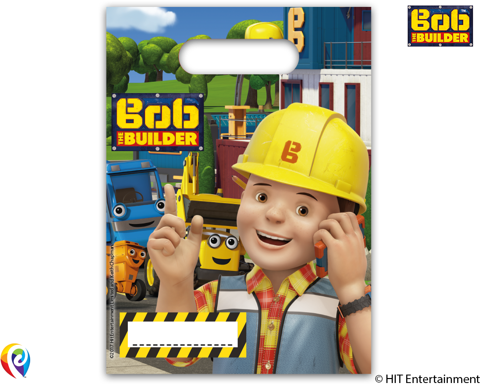 Cartoon Characters 桌布 壁紙 — 建築師巴布戴著黃色安全帽，在動畫建築車輛和明亮的藍天下開心地微笑。