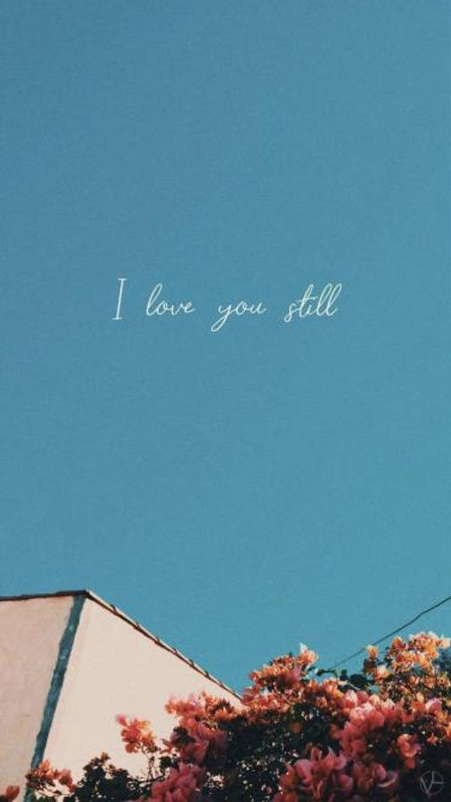 Aesthetic Love 桌布 壁紙 — 建築物角落和粉紅色開花灌木上方晴朗的藍天，白色草書寫著「I love you still」。
