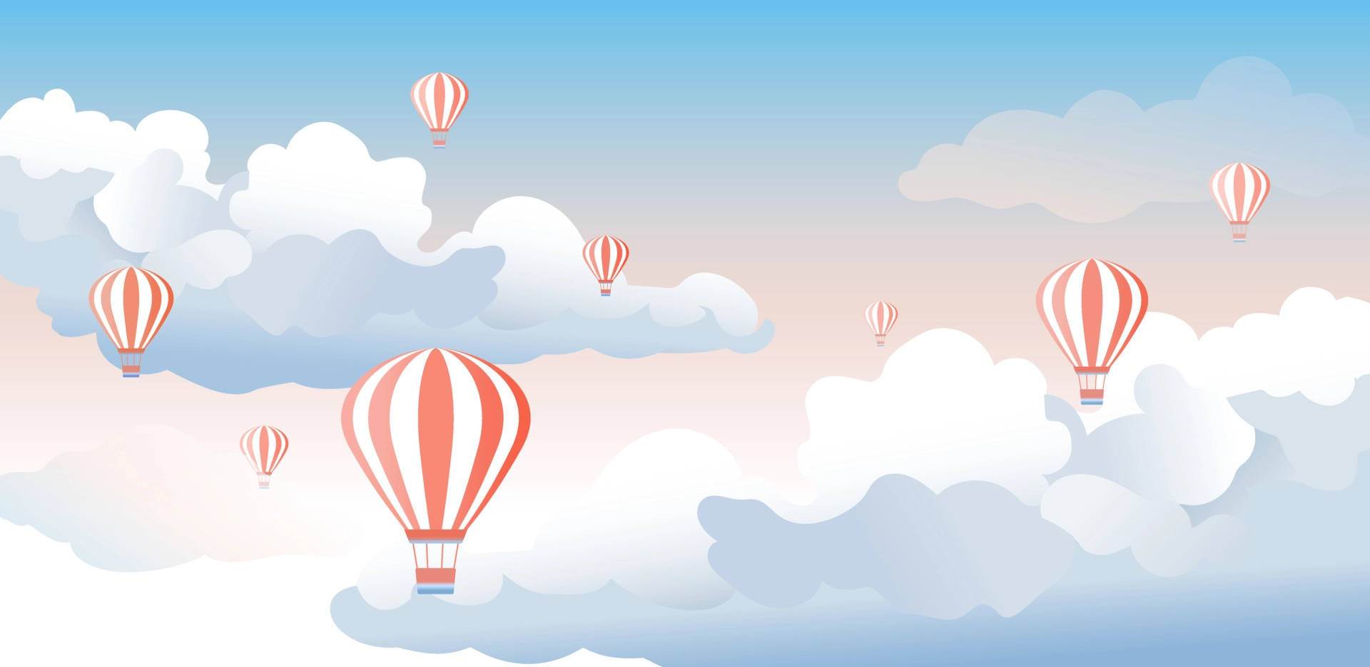 Hot Air Balloon 桌布 壁紙 — 引人注目的紅白條紋熱氣球在寧靜的天空下，輕柔地飄過柔和的粉彩雲層。