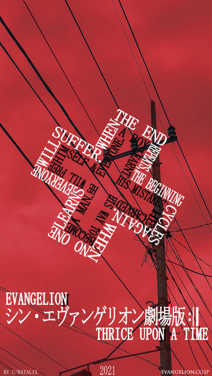 Evangelion 30 10 桌布 壁紙 — 引人注目的紅色天空，帶有對角線的電線和電線杆，上面覆蓋著來自《福音戰士新劇場版：終》的白色文字。