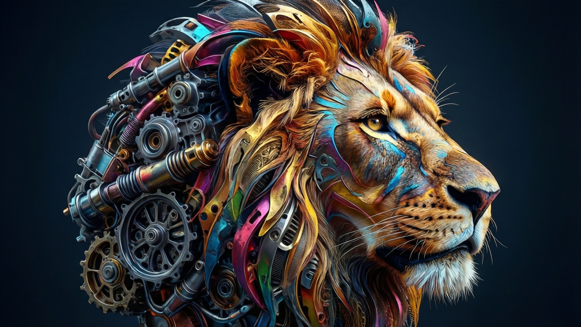 引擎獅王 壁紙 — 一個雄偉的獅子頭，融合了充滿活力的機械齒輪和色彩繽紛的金屬裝飾，背景為深色。