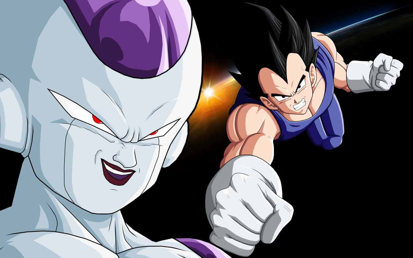 Vegeta And Frieza 桌布 壁紙 — 弗利沙和達爾在星空背景下，以強烈的表情和發光的能量進行宇宙對決。