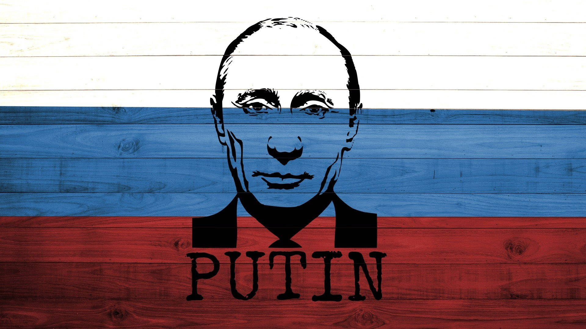 Russia 桌布 壁紙 — 弗拉基米爾·普丁的鮮明黑色剪影，繪在染有俄羅斯三色旗的風化木板上。