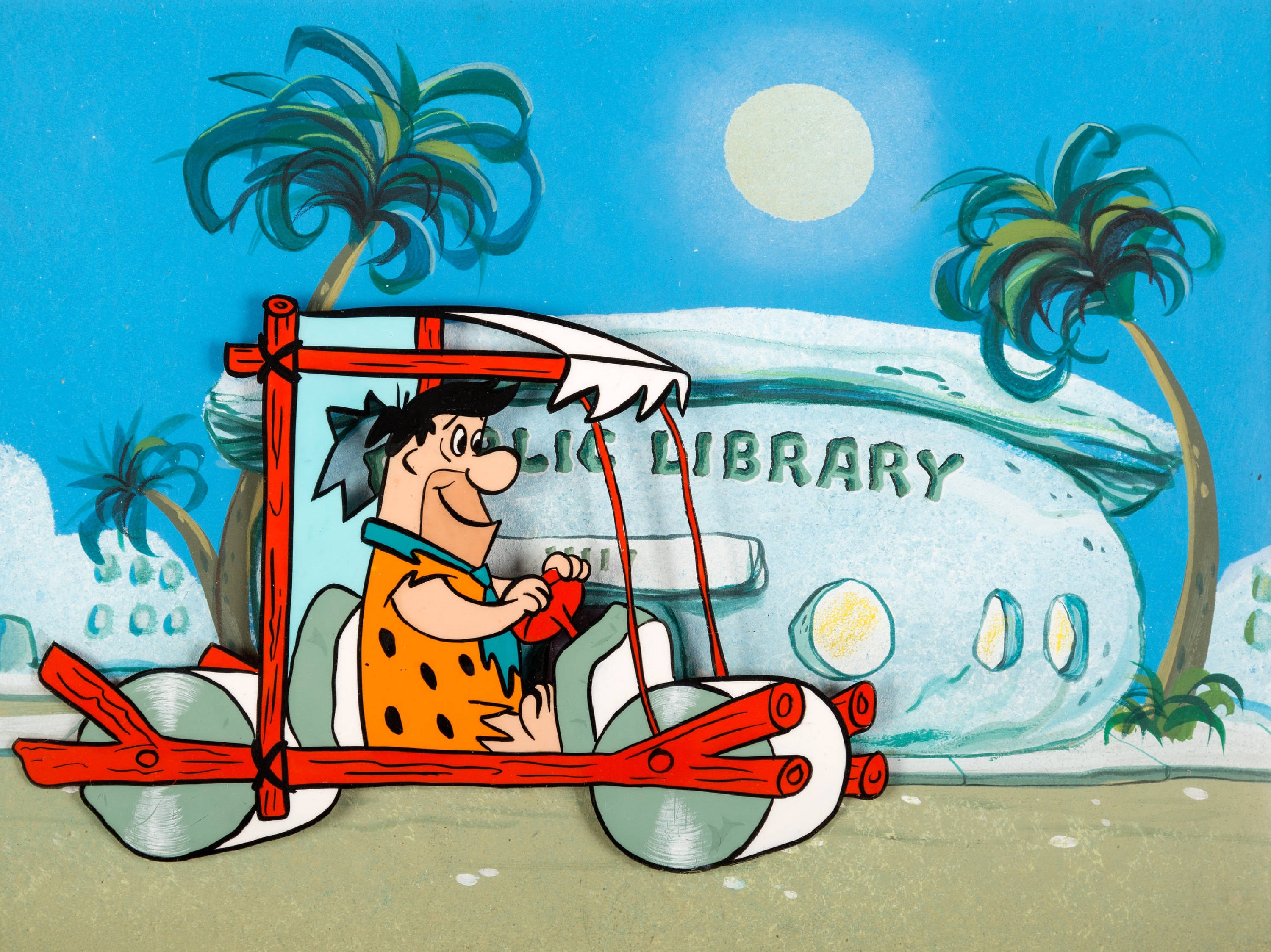 Flintstone 桌布 壁紙 — 弗林斯通駕駛石器時代的汽車經過史前圖書館，陽光普照，棕櫚樹搖曳。