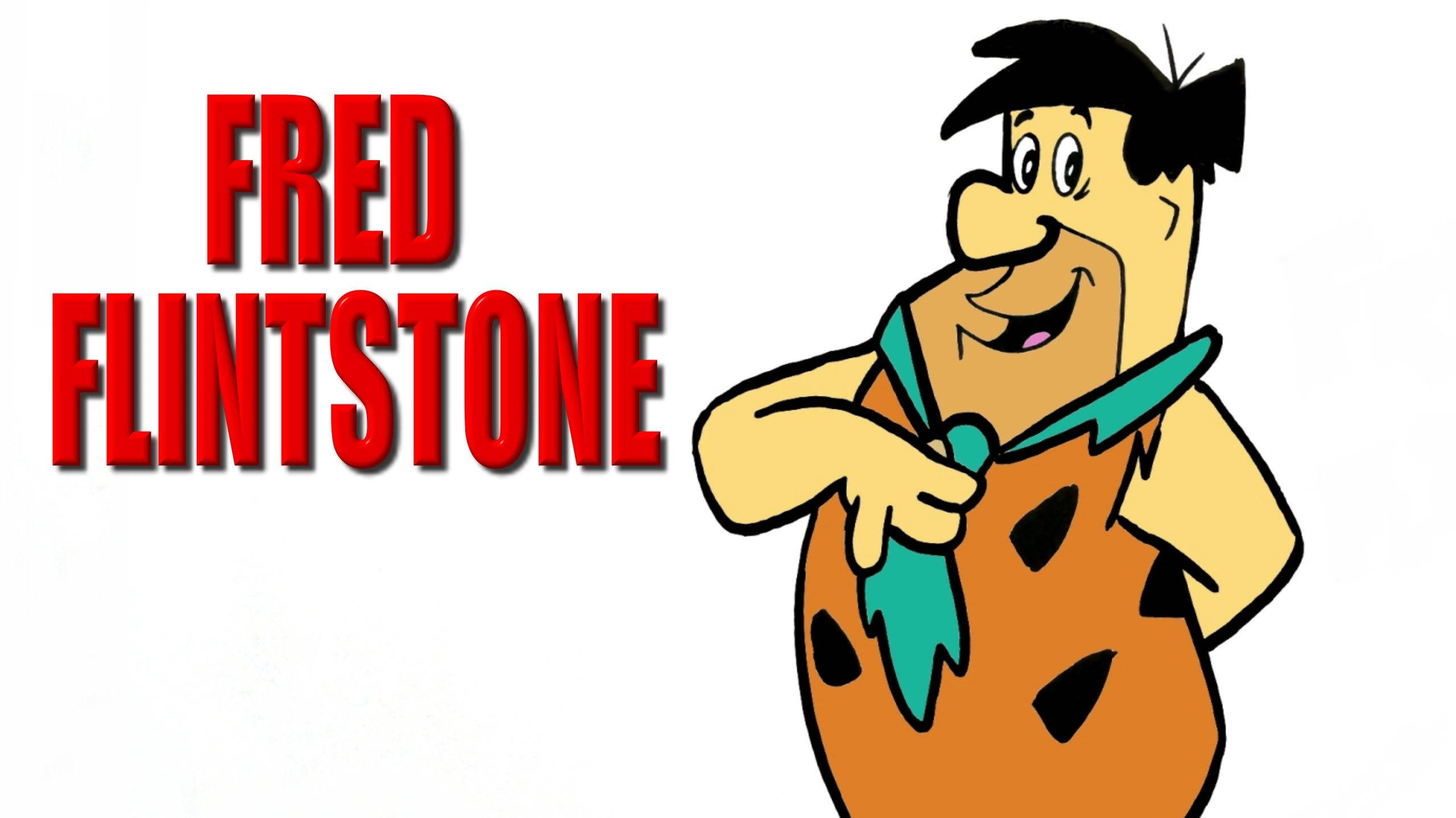 Flintstone 桌布 壁紙 — 弗雷德·弗林斯通在白色背景前，穿著他標誌性的橙色石器時代服裝，搭配青綠色領帶，開心地微笑。