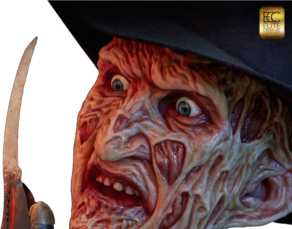 惡夢佛萊迪 桌布 壁紙 — 弗雷迪·克魯格（Freddy Krueger）怪誕的傷疤臉部特寫，眼睛睜大，手持刀，黑色背景。