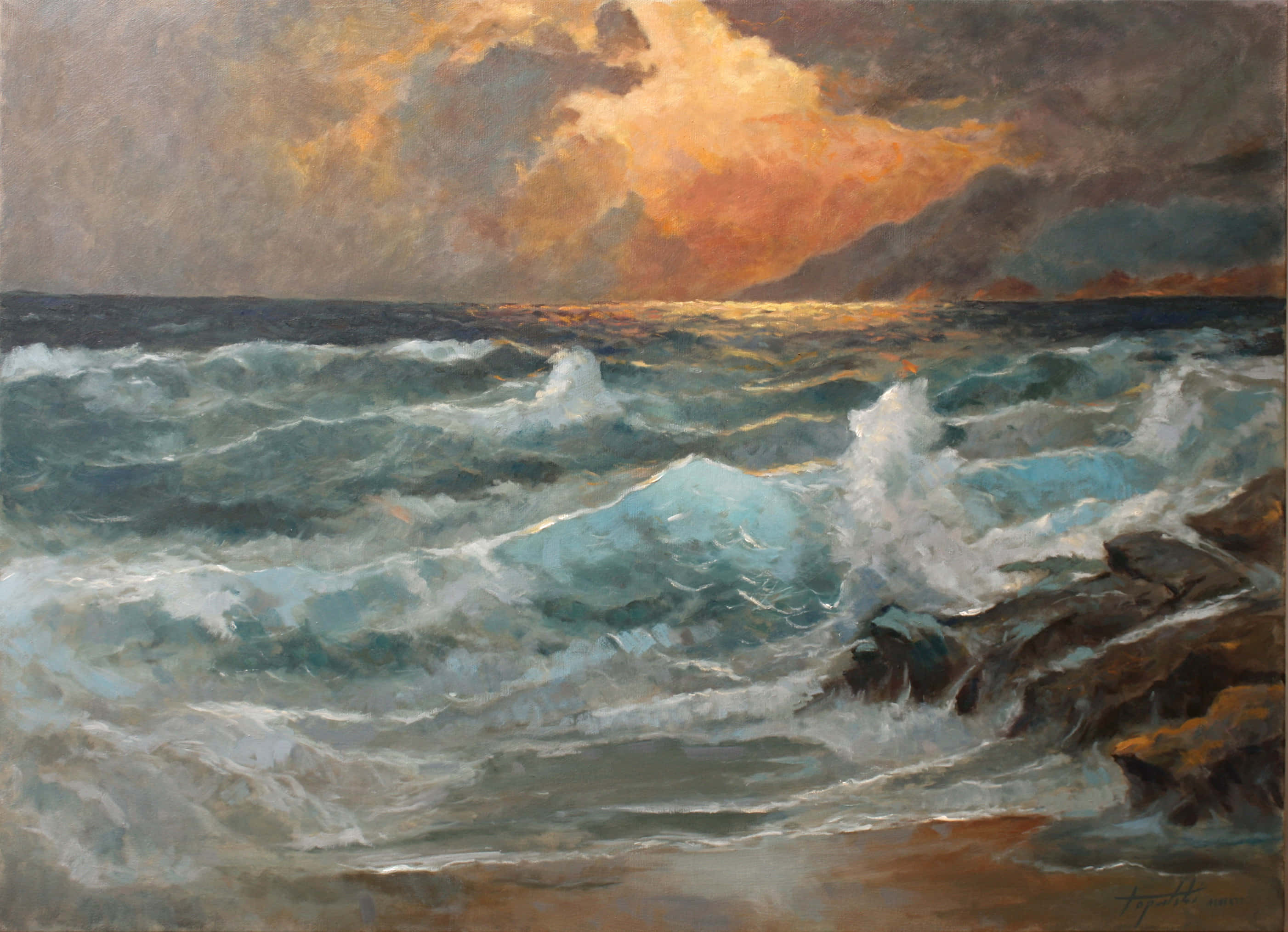 Painting 桌布 壁紙 — 強勁的海浪拍打著黑色的岩石，在油畫般戲劇性的日落天空下。