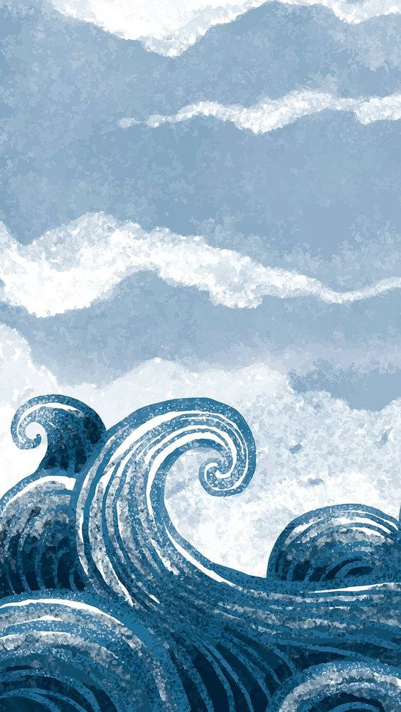 Water Aesthetic 桌布 壁紙 — 強勁的藍色海浪在紋理化的天空背景下翻騰旋轉，形成風格化的數位插圖。