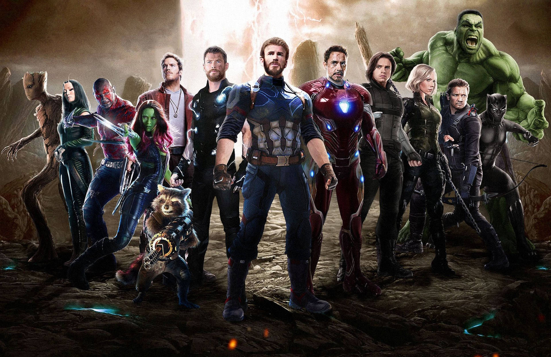 Marvel超級英雄團隊在岩石地形中擺出戰鬥姿勢。 — 4K 雷神索爾壁紙 壁紙