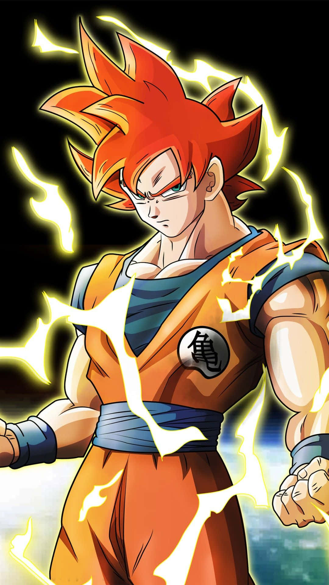 Dragon Ball Z Phone 桌布 壁紙 — 強大的動漫戰士，擁有尖刺的橙色頭髮，在黑暗背景下，他緊握的拳頭周圍閃爍著黃色能量。