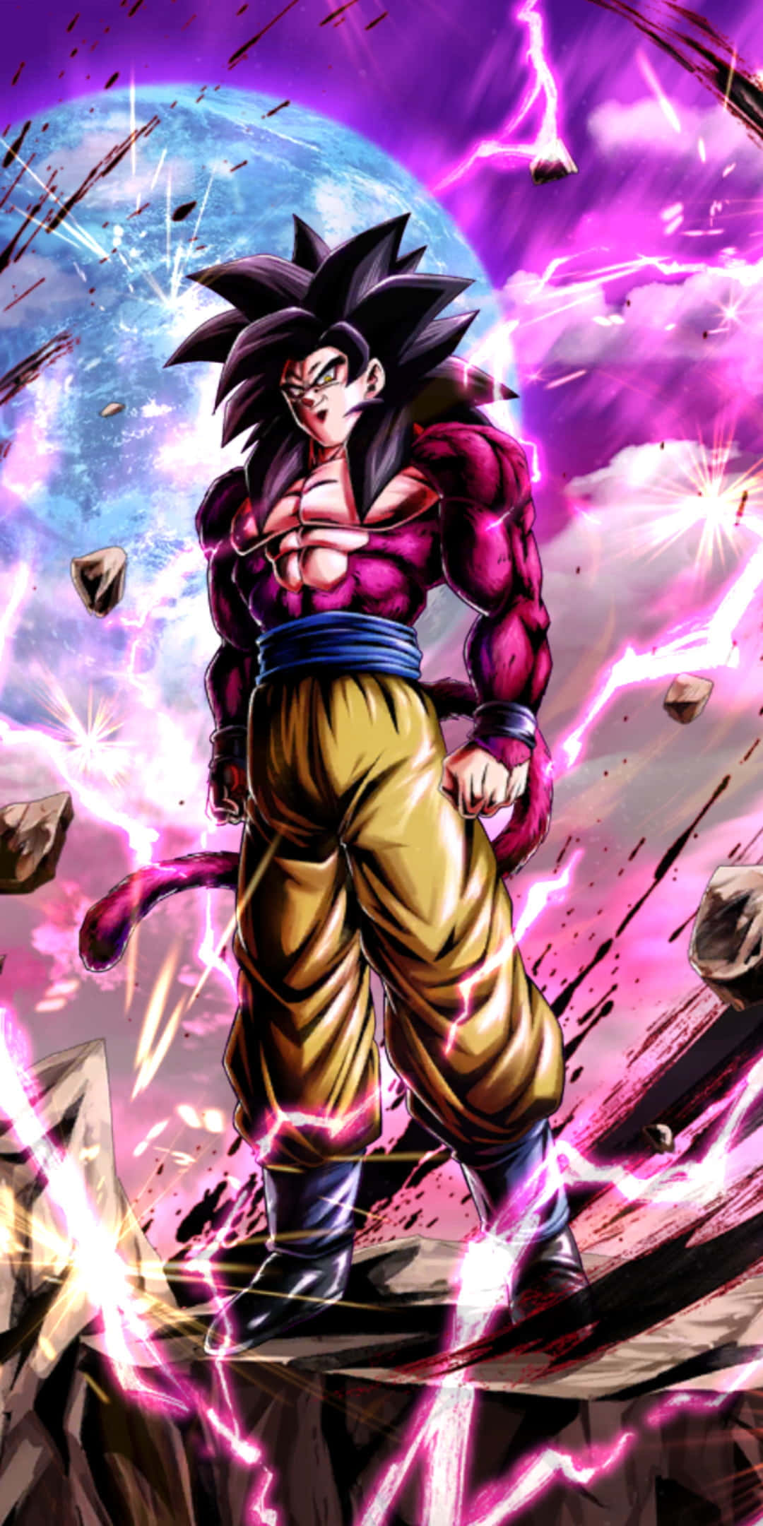 Goku Ssj4 桌布 壁紙 — 強大的動漫戰士，擁有尖刺般的黑髮和紫色光環，站在破碎的岩石和電能之中，背景是宇宙紫色月亮。