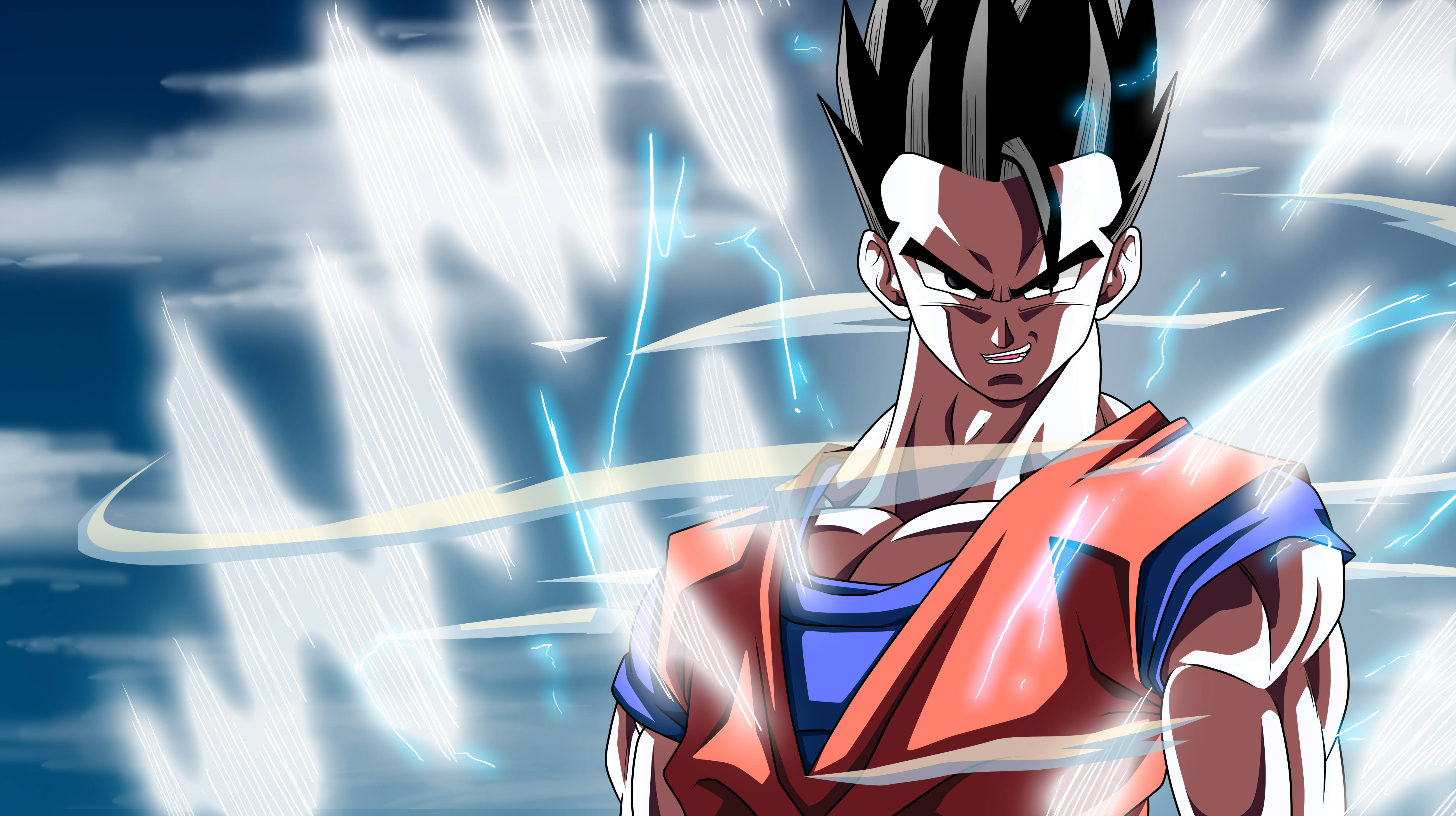 Gohan 桌布 壁紙 — 強大的動漫戰士，擁有尖刺頭髮和發光光環，站在雷電交加的暴風雨天空前。
