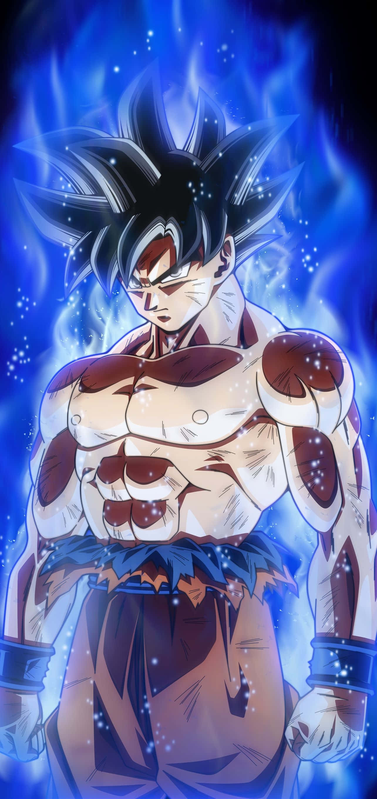 Cool Anime iPhone 桌布 壁紙 — 強大的動漫戰士，擁有尖刺黑髮和發光的藍色光環，以動態姿勢站在宇宙背景前。