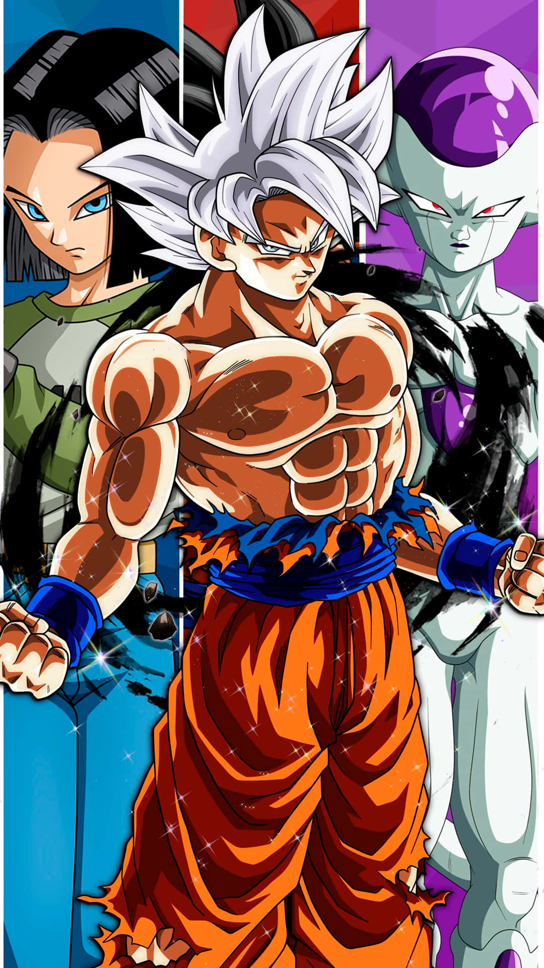 Mui Goku 桌布 壁紙 — 強大的動漫戰士，白色尖刺頭髮和橙色道服，站在舞台中央，兩側是兩個兇猛的對手，構成一個動態的戰鬥場景。