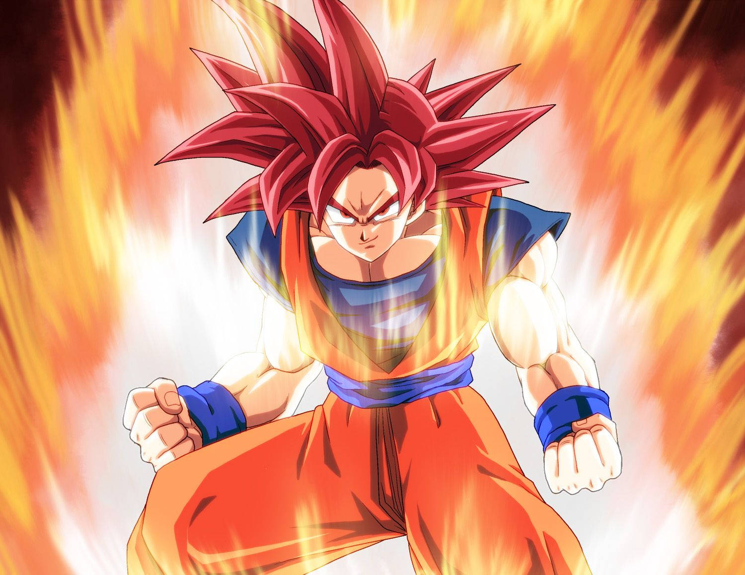 kaioken 桌布 壁紙 — 強大的動漫戰士，紅色刺蝟頭，身穿橙色道服，在火焰般的光環中握緊拳頭站立。