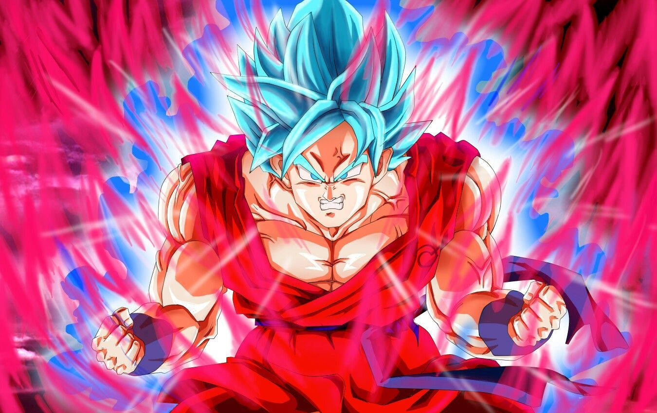 kaioken 桌布 壁紙 — 強大的動漫戰士，藍色刺蝟頭和紅色道服，在充滿活力的粉紅色和藍色光環中散發出強烈的能量。