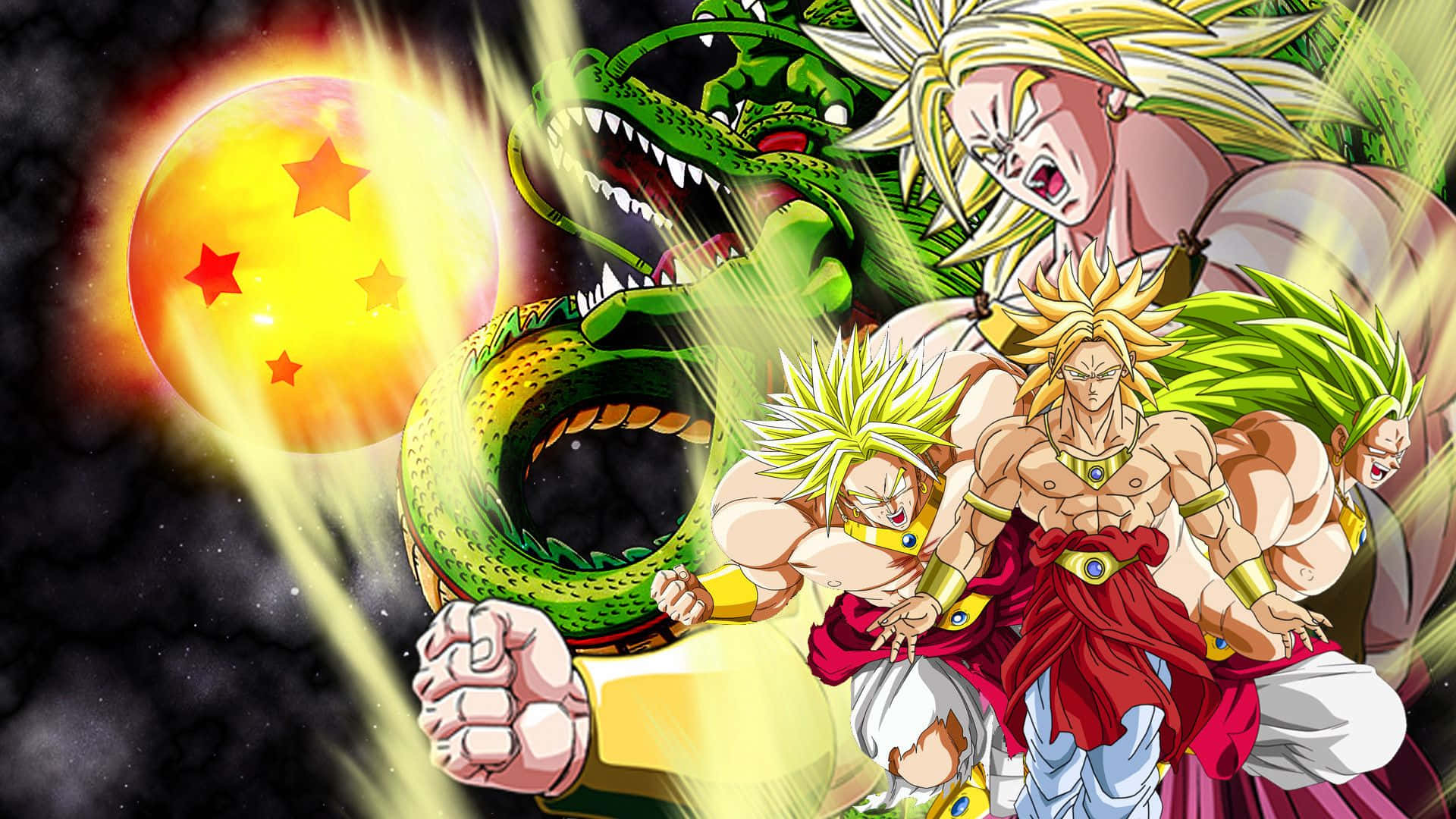 Dragon Ball Z Broly 桌布 壁紙 — 強大的動漫戰士和一條綠龍在發光行星的宇宙背景下釋放能量。