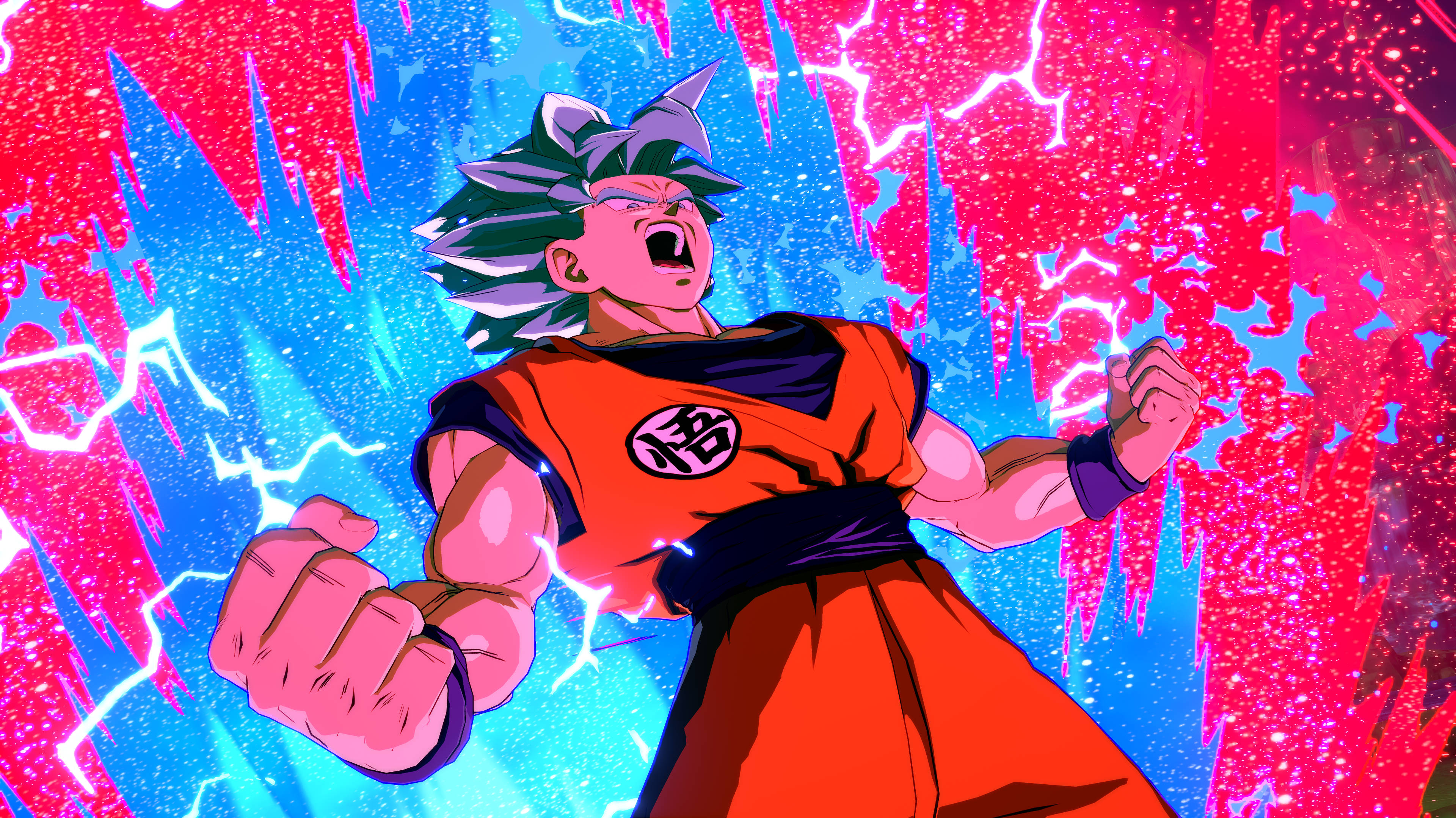 kaioken 桌布 壁紙 — 強大的動漫戰士在充滿鮮紅色和藍色閃電的背景中握緊拳頭咆哮。