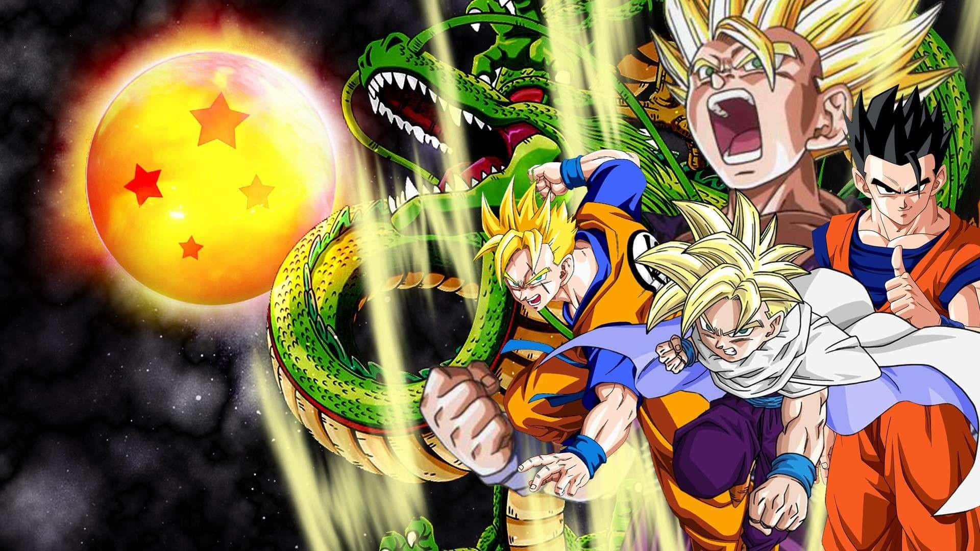 Teen Gohan 桌布 壁紙 — 強大的動漫戰士在宇宙背景下與一條巨龍戰鬥，並有一顆發光的龍珠。