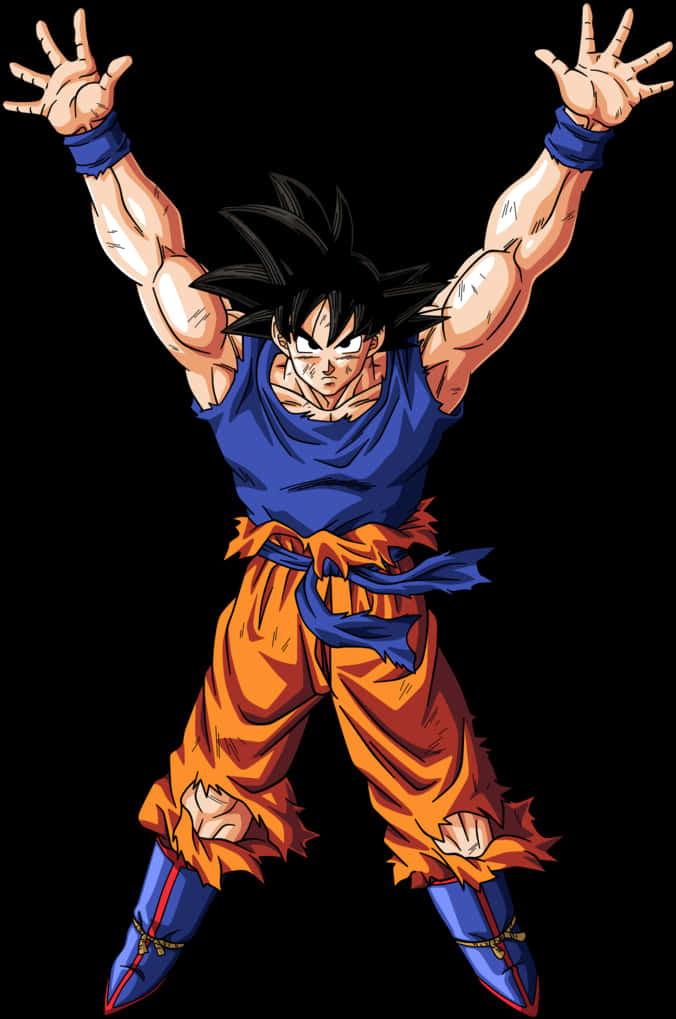 Goku Dragon Ball Super 桌布 壁紙 — 強大的動漫戰士悟空，身穿標誌性的藍色和橙色服裝，雙臂高舉，背景為黑色。