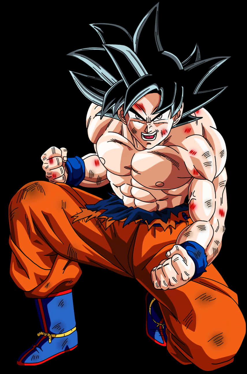 Goku Dragon Ball Super 桌布 壁紙 — 強大的動漫戰士悟空以刺蝟頭和橙色道服蹲在黑色背景前擺出戰鬥姿勢。