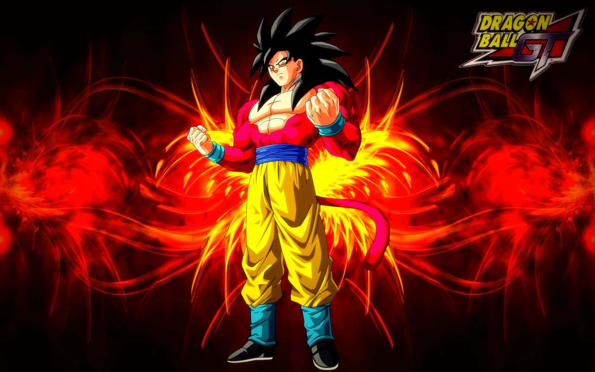 Goku Ssj4 桌布 壁紙 — 強大的動漫戰士悟空以超級賽亞人4形態，在深紅色漩渦背景前散發出熾熱的能量。