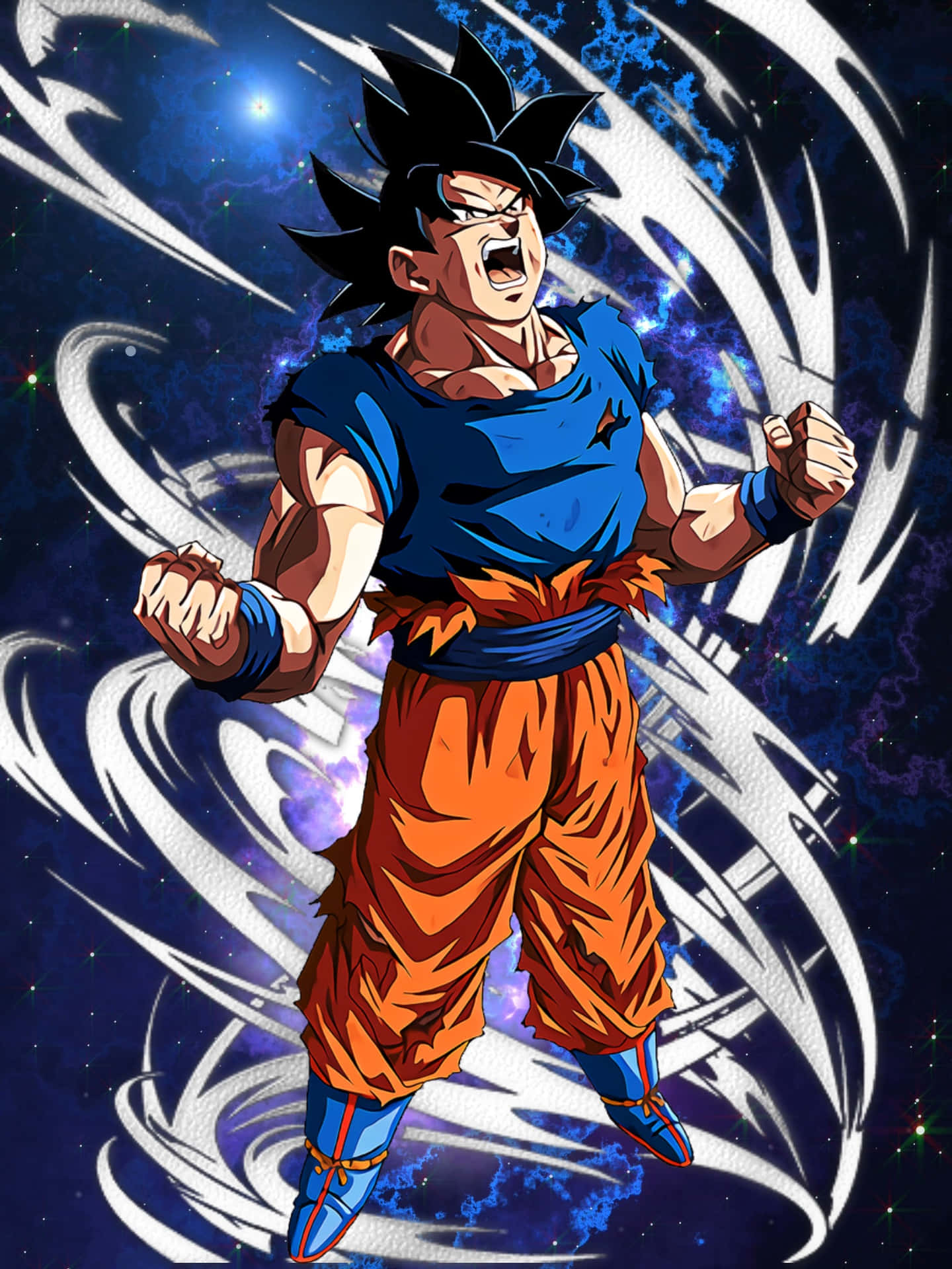Mui Goku 桌布 壁紙 — 強大的動漫戰士悟空在宇宙星空背景下握緊拳頭咆哮，白色能量軌跡旋轉環繞。