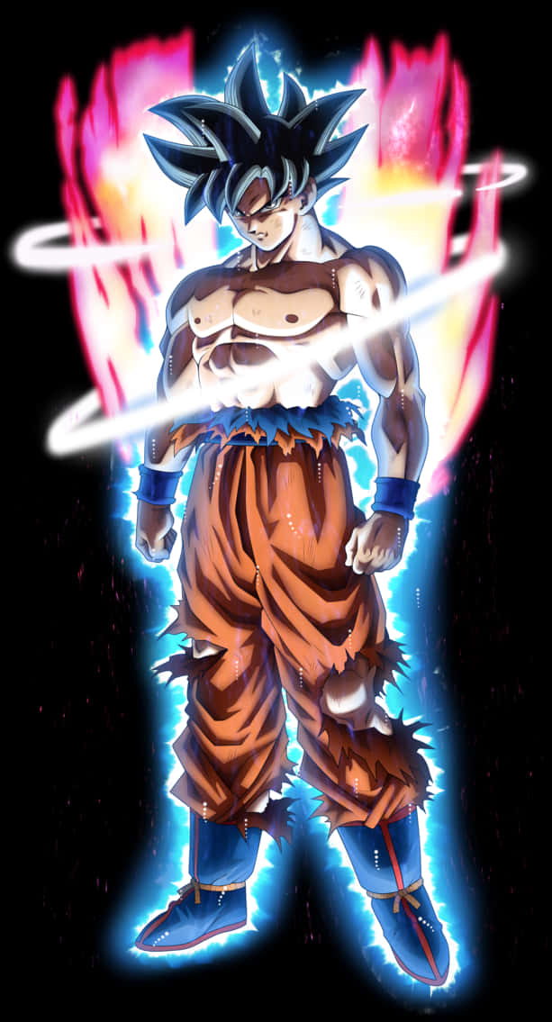 Goku Dragon Ball Super 桌布 壁紙 — 強大的動漫戰士悟空在黑暗背景下以動態戰鬥姿勢散發出藍色和粉紅色的能量。