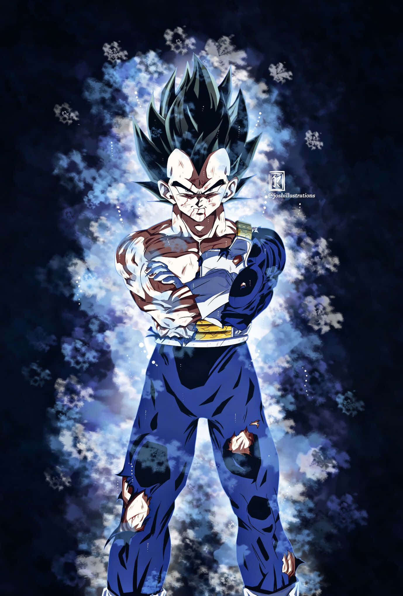 Vegeta Ultra Instinct 桌布 壁紙 — 強大的動漫戰士貝吉塔在藍白能量粒子的宇宙風暴中挑釁地站立。